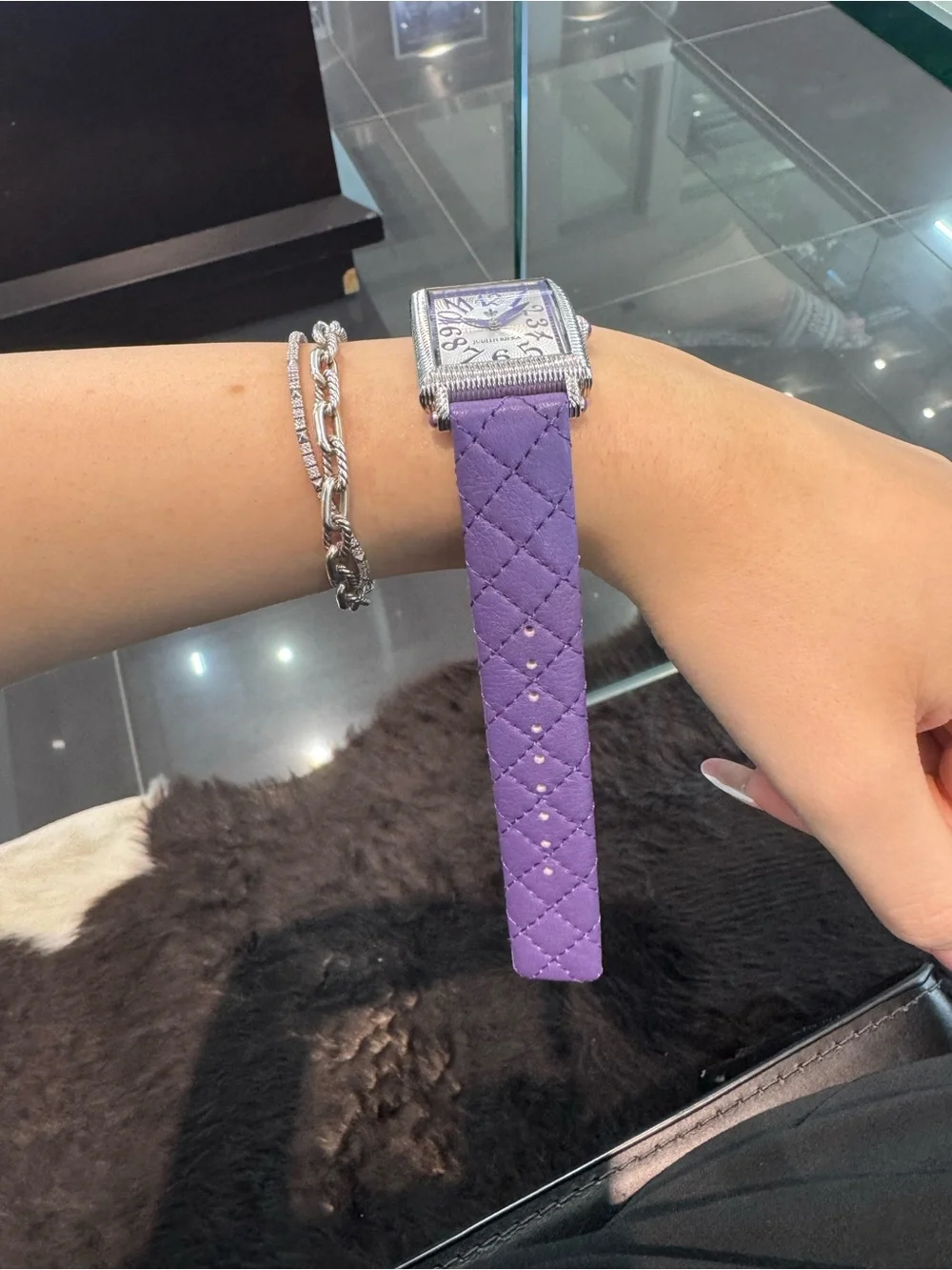 New Judith Ripka Stainless Steel Quilted Leather Tank Watch – Purple